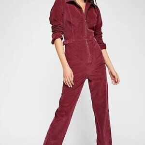 Free People Take Me Out Burgundy/Wine Red Corduroy Jumpsuit 10